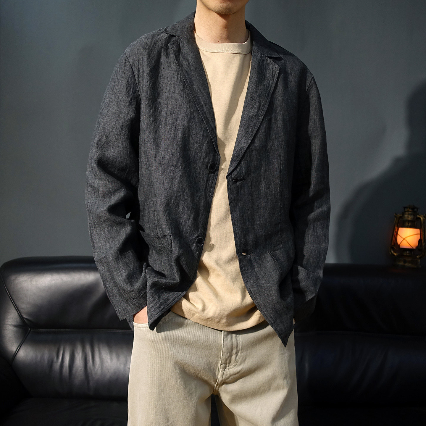 两粒扣春夏薄款纯亚麻男士休闲西装外套老钱风便服单西宽松西服潮