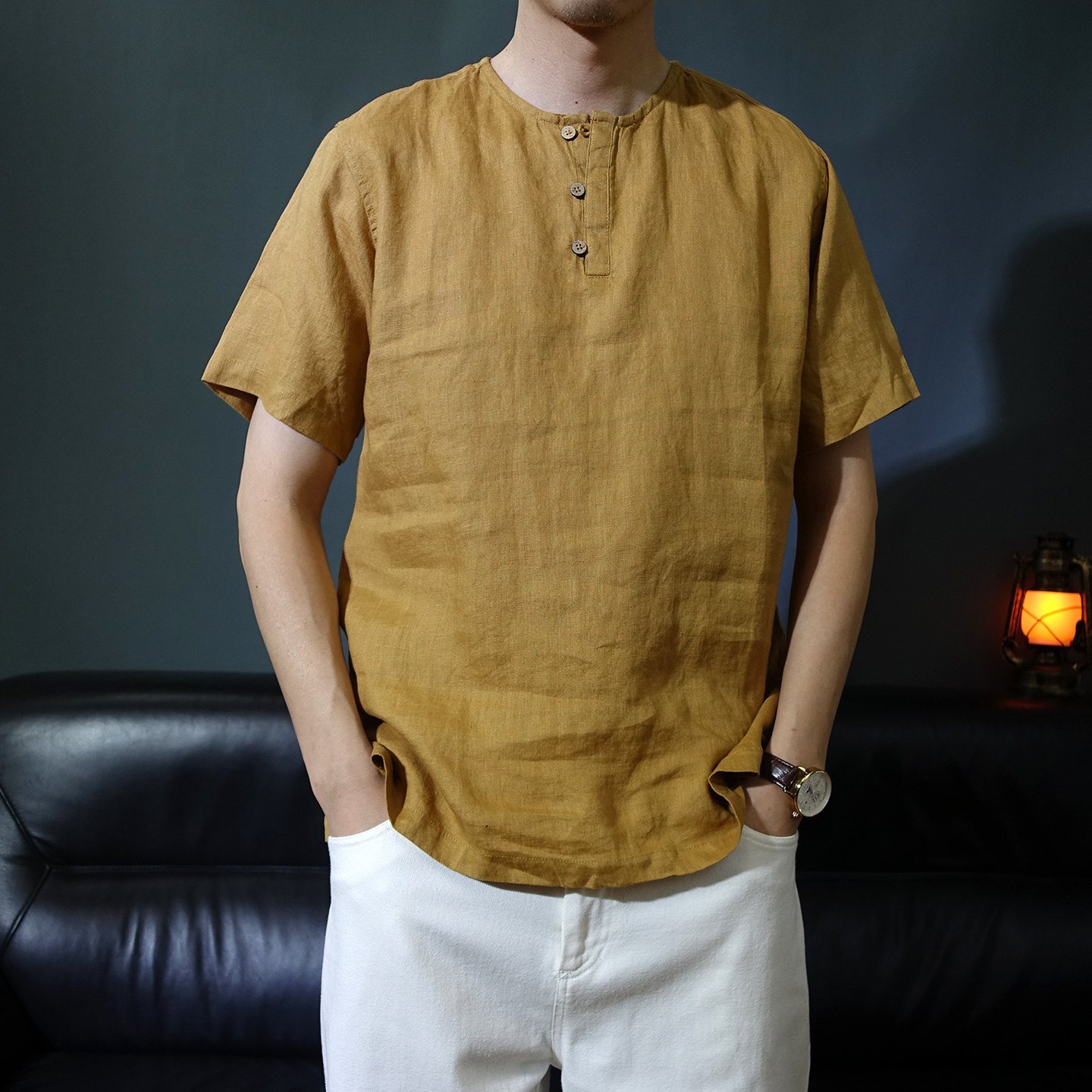 夏季无领纯亚麻套头衬衫男士