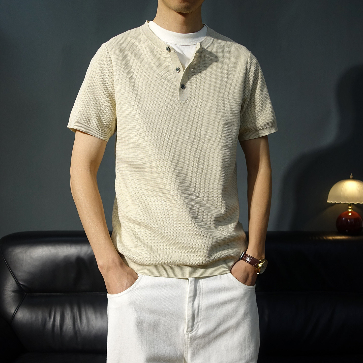 夏季立领针织套头短袖衬衫男POLO