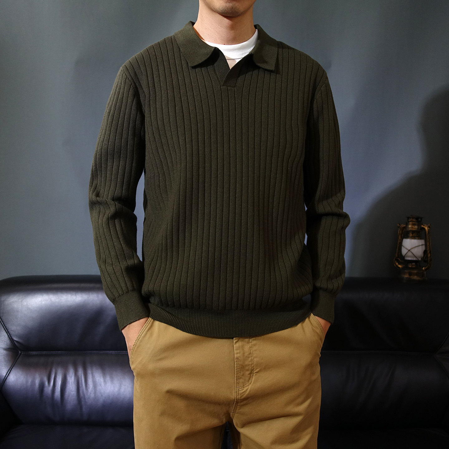 海鸥领老钱风条纹针织衫男款复古休闲POLO衫高级感长袖商务毛衣潮