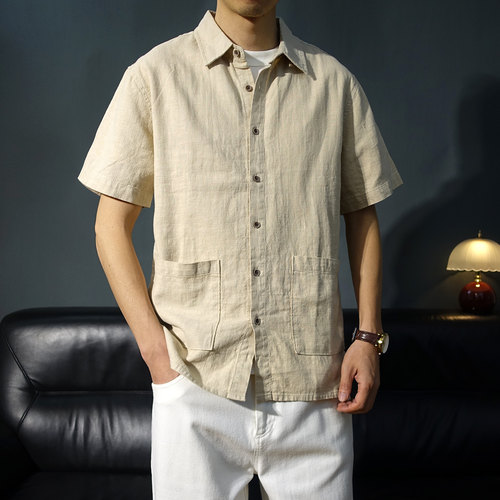 棉麻翻领夏季短袖衬衫男士老钱风