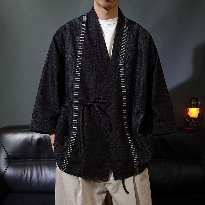 春夏中国风水洗牛仔开衫道袍七分袖宽松男士汉服无领外套夹克道服