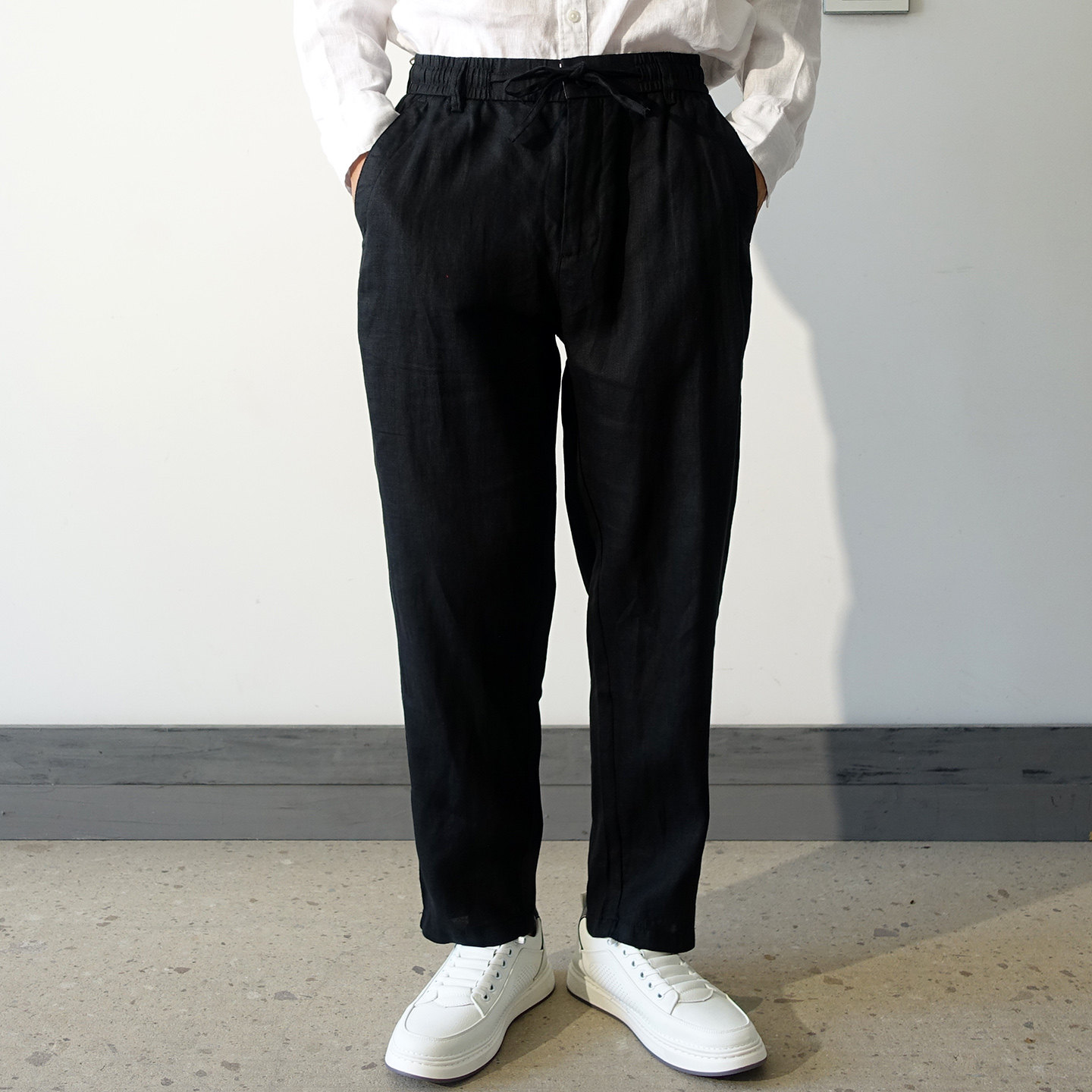 纯亚麻春夏薄款休闲裤松紧抽绳裤子直筒宽松男士九分裤麻料透气