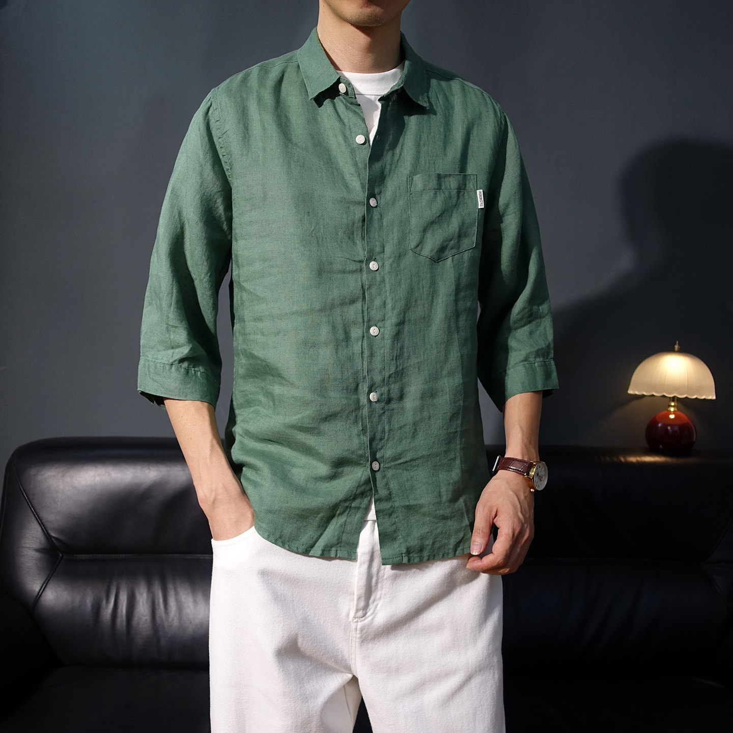 春夏宽松翻领纯亚麻七分袖衬衫男