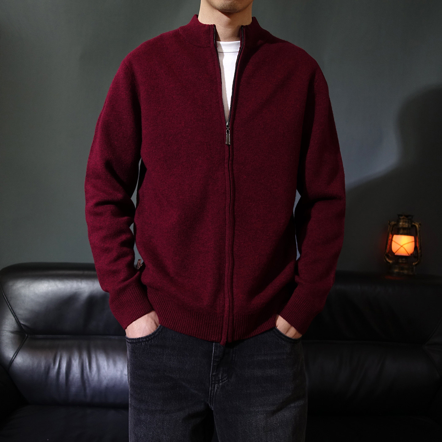 立领100%羊毛男款针织衫秋冬开衫纯色休闲羊毛衫中国风复古毛衣