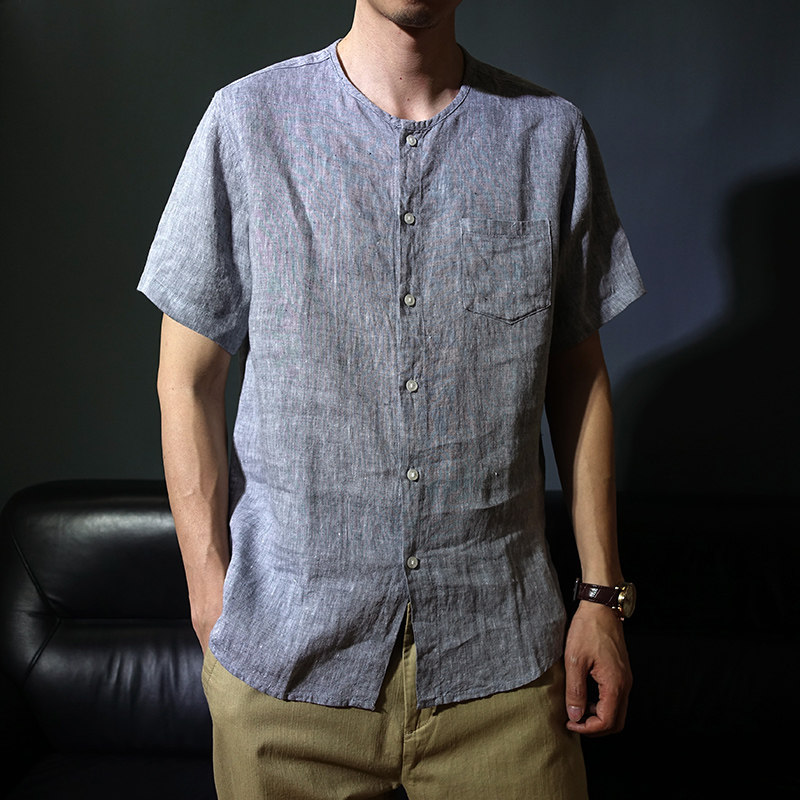 新中式男士无领纯亚麻短袖衬衫麻布中国风禅服透气薄款口袋衬衣潮
