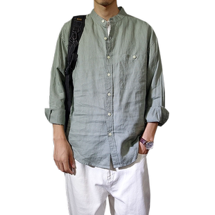 小立领纯亚麻春秋薄款绿色长袖衬衫宽松休闲复古时尚男装文艺上衣