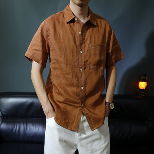 男士老钱风亚麻衬衫短袖夏季休闲翻领高级感衬衣人夫感穿搭上衣潮