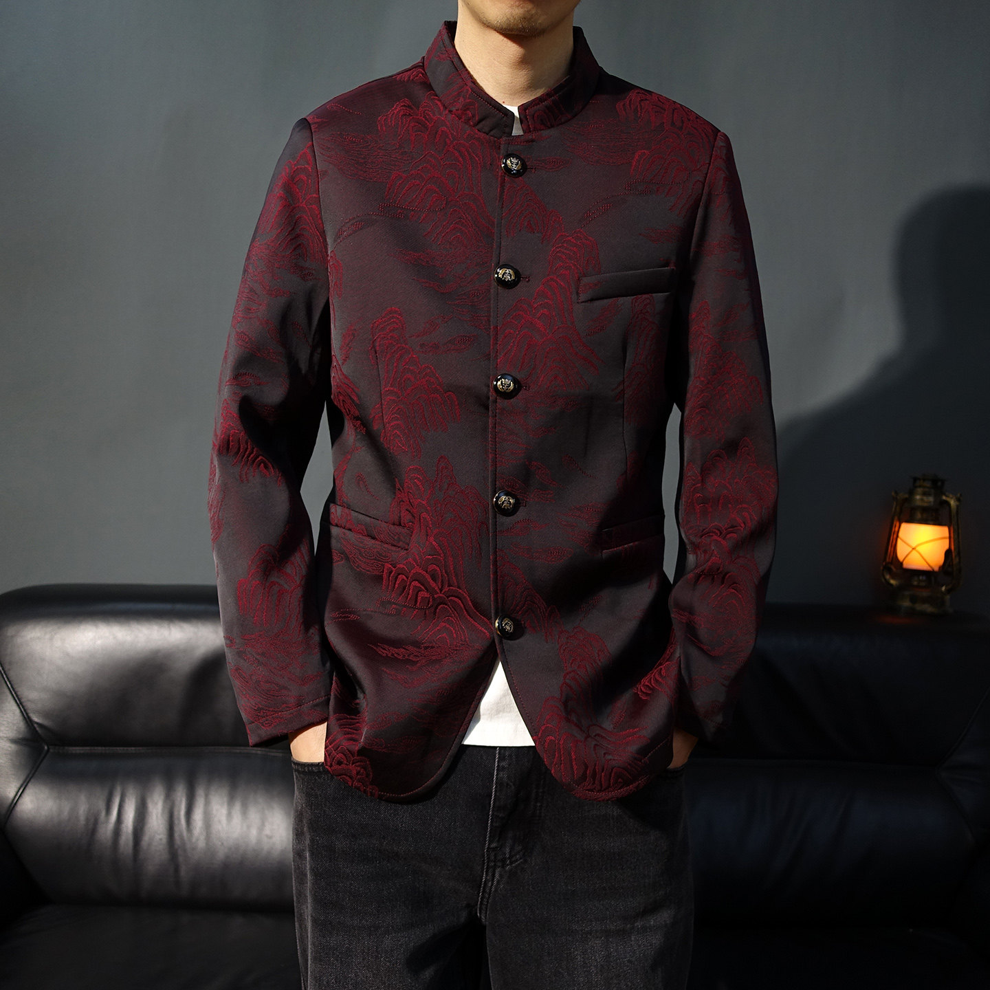 春秋中式国风男装中山装立领华服复古休闲外套唐装礼服爸爸装西服