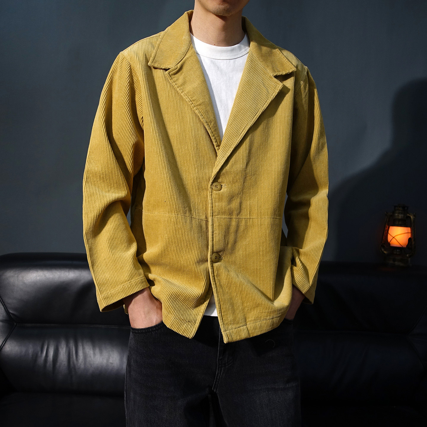 春季灯芯绒休闲西装外套男条绒纯棉复古单西两粒扣西服2026新款潮