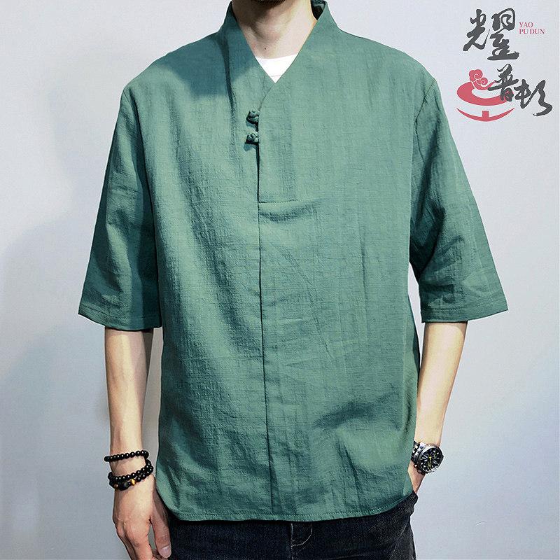 夏季纯色五分袖V领唐装男盘扣T恤衫复古汉服中国风宽松大码茶人服