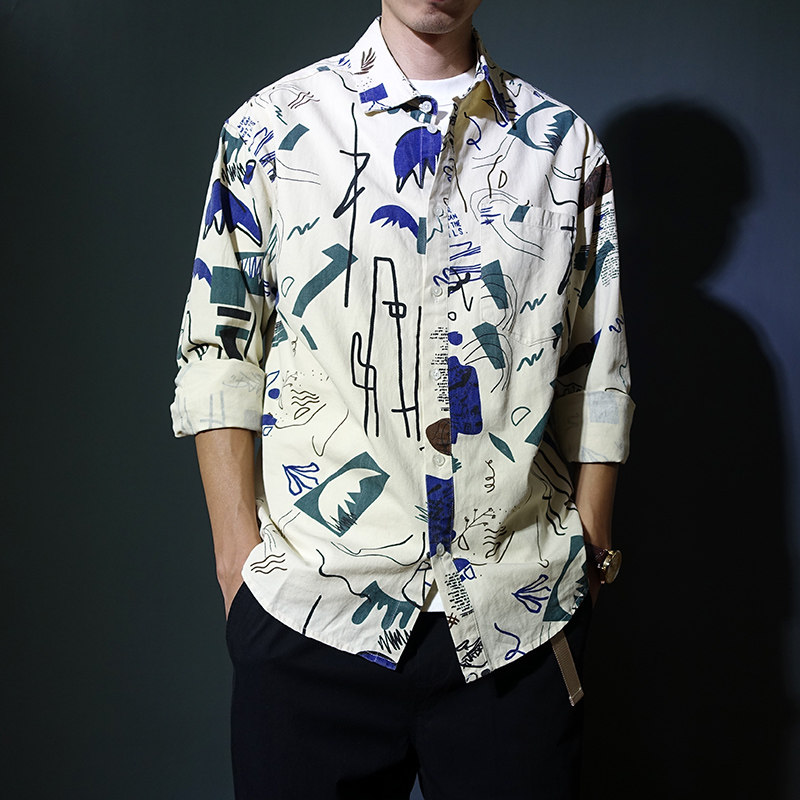 方领长袖纯棉印花衬衫宽松男衬衣