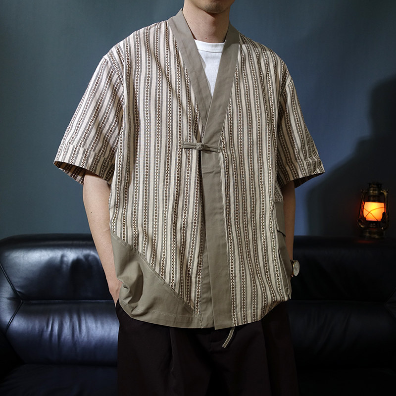 盘扣春夏V领五分袖道袍男宽松
