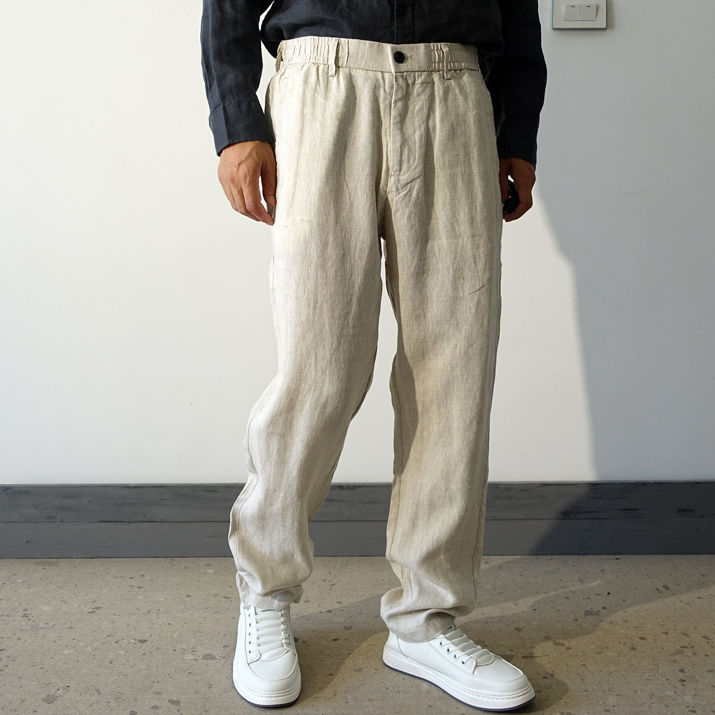 春夏薄款纯亚麻松紧抽绳休闲裤男款慵懒松弛感裤子麻料透气长裤