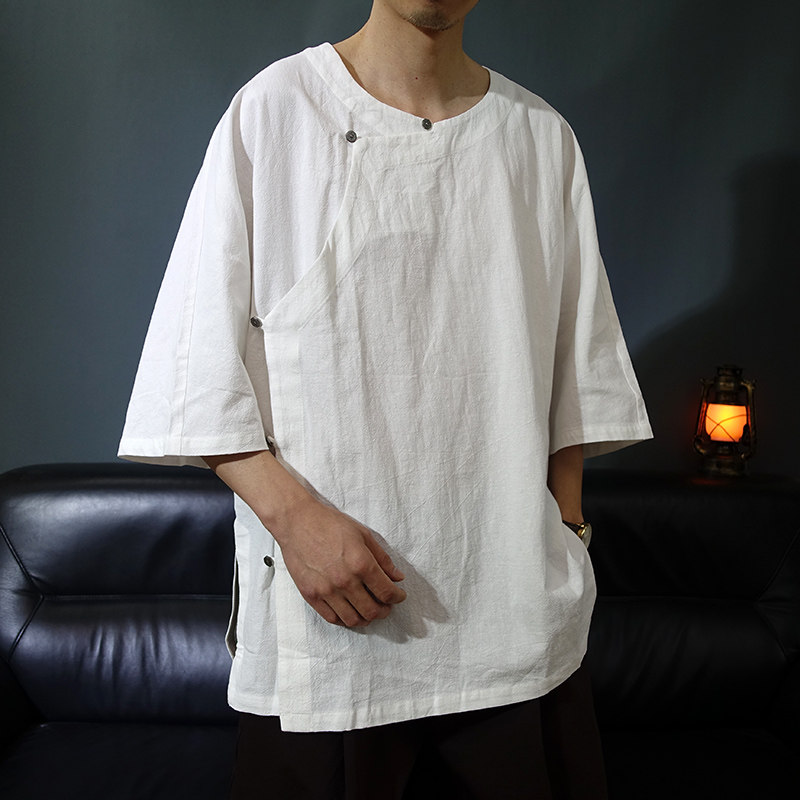 棉麻无领宽松大码五分袖衬衫汉服