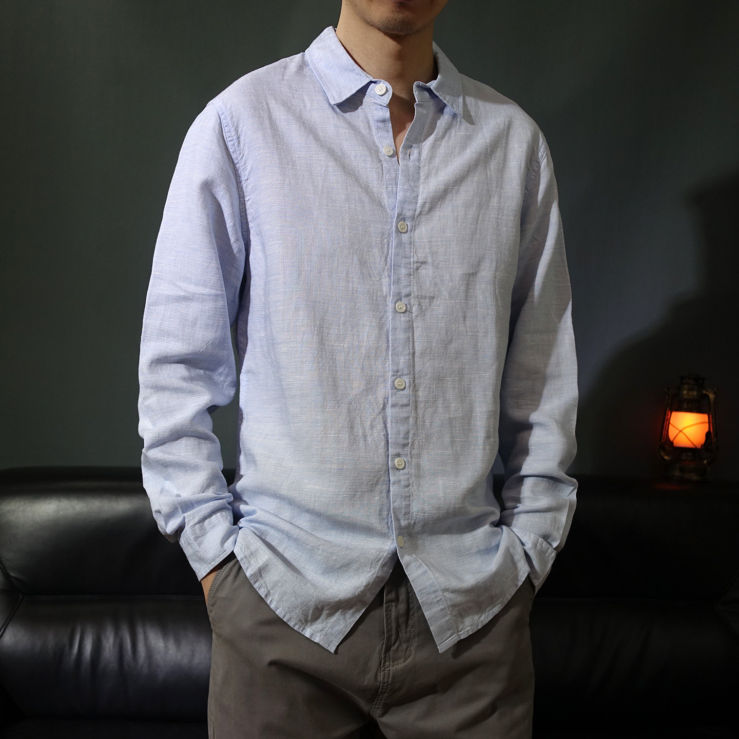 春季方领亚麻莱赛尔长袖衬衫休闲