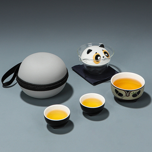 户外露营一壶三杯快客杯随身便携式 创意熊猫旅行茶具小套装 泡茶壶