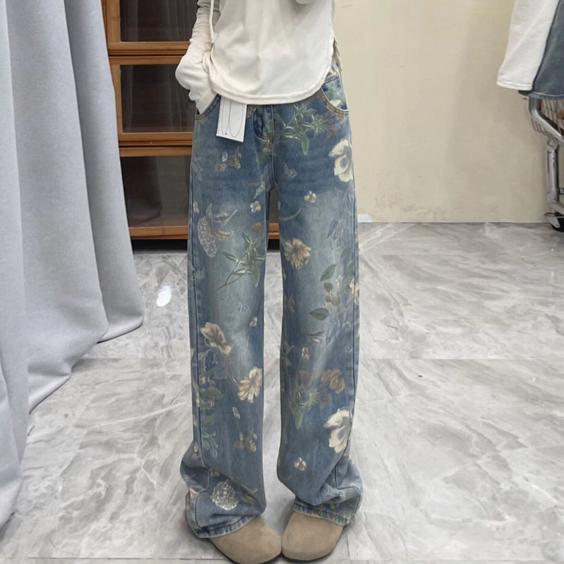 2024高个子加长复古印花牛仔裤女设计感小众宽松阔腿拖地长裤子