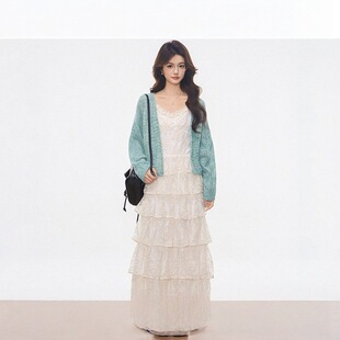 【现货】WESTAYONE薄荷绿毛衣开衫+蕾丝蛋糕吊带连衣裙女春夏新款