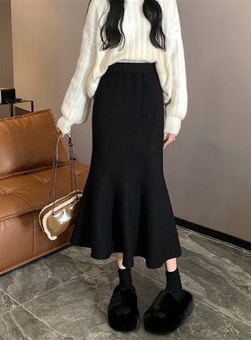 5105#黑色高级感气质小众鱼尾裙半身裙女冬季高腰修身显瘦包臀裙