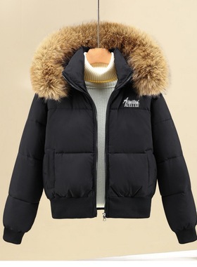 黑色大毛领连帽羽绒棉服女短款2025年冬季韩版收腰棉衣小个子