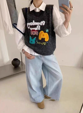 灰色卡通提花软糯毛衣女秋冬新款设计感高级针织背心坎肩马甲叠