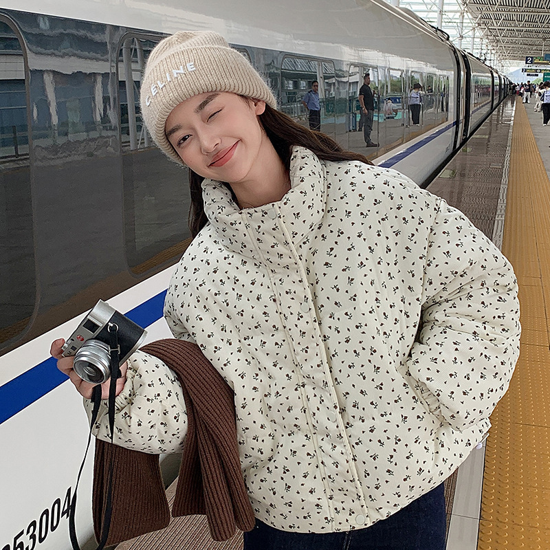 清新小碎花短款羽绒棉服冬季新款韩系学院风加厚保暖棉袄外套