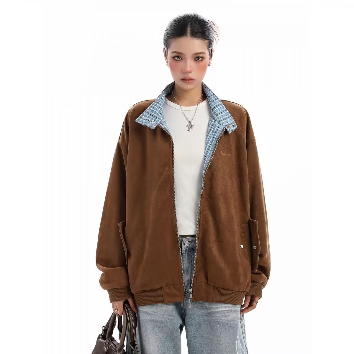 新款格子拼接麂皮绒外套男女款2025秋季空气层棒球服情侣休闲