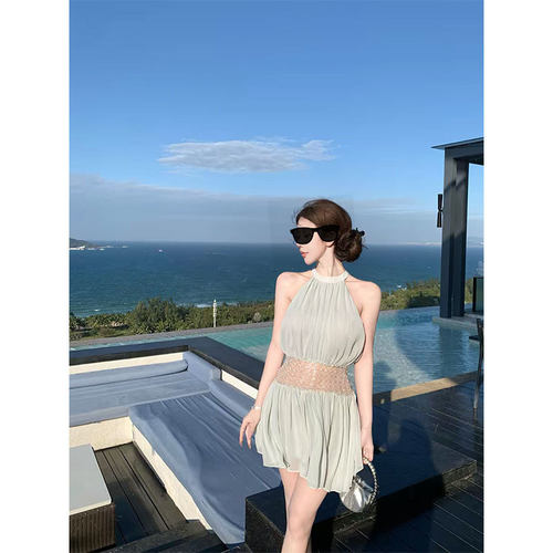 kubiliv【海蓝碎珀】重工挂脖挖肩纯欲氛围感手工钉珠收腰连衣裙