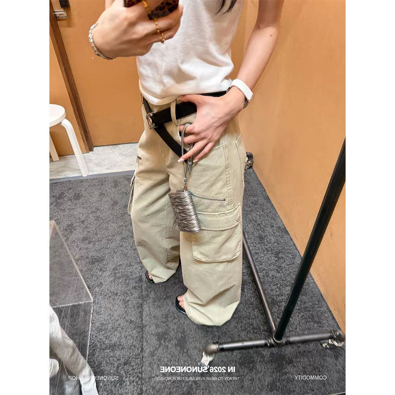 SUNONEONE 多口袋宽松直筒美式复古卡其色工装裤女春水洗休闲裤子图片