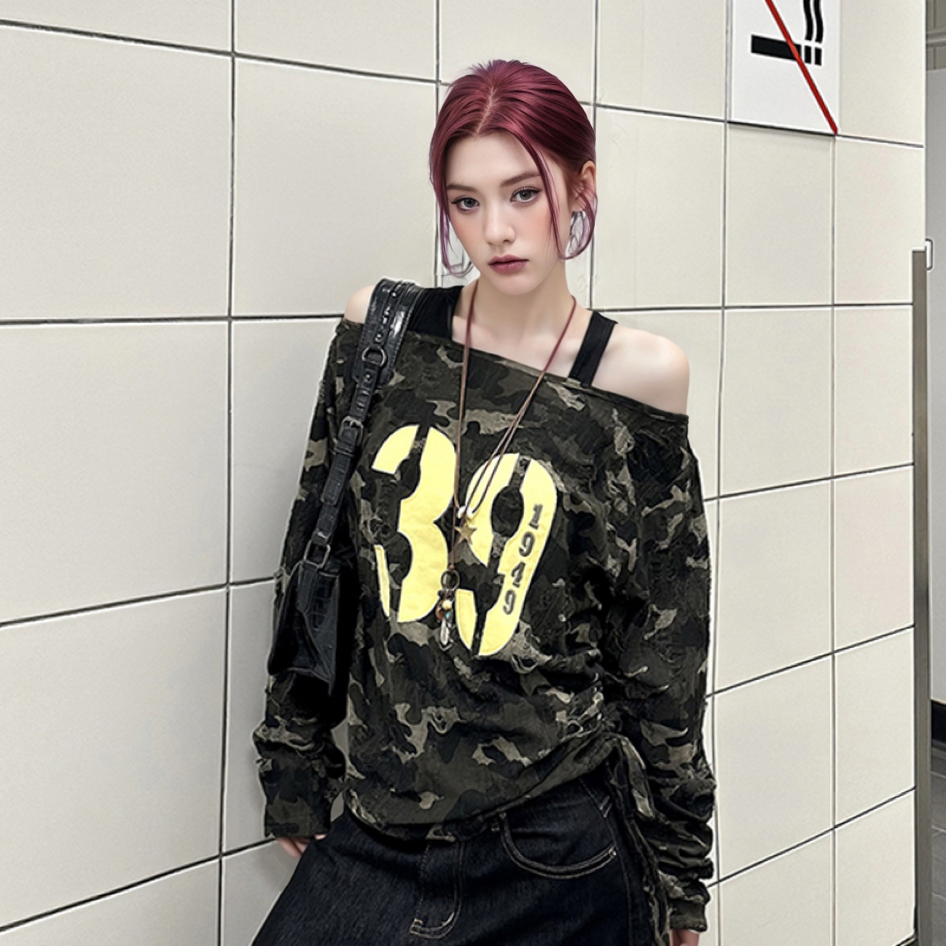 外贸跨境废土风露肩辣妹迷彩长袖t恤女装春秋季显瘦上衣宽松小众