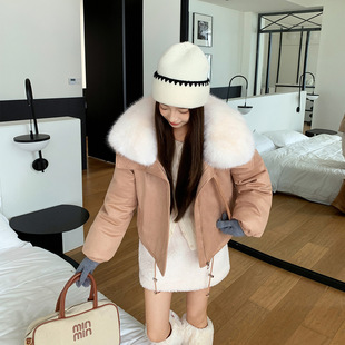 2025鹿皮绒羽绒棉服女短款大毛领夹棉外套宽松pu棉袄棉衣加厚