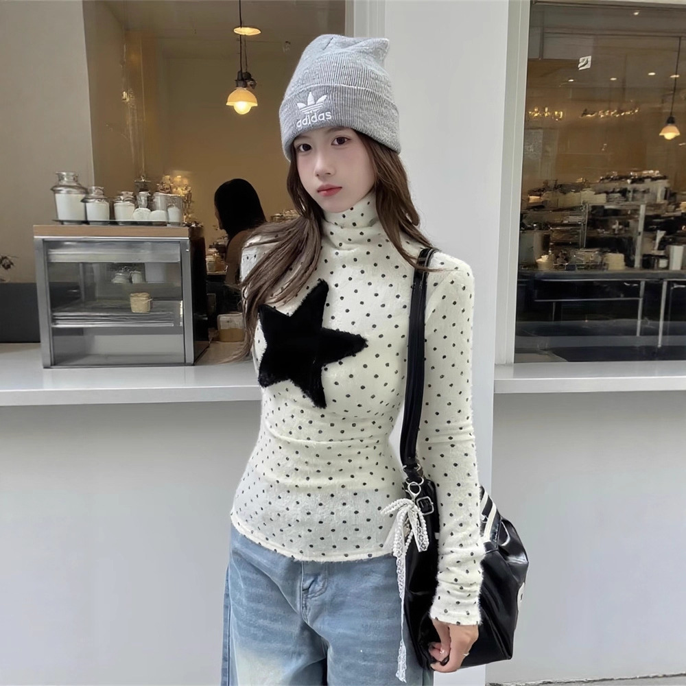 美式复古波点高领长袖t恤女秋冬季韩系甜美减龄堆堆领打底衫上衣