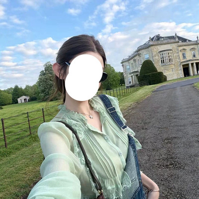 早安樊樊Bambi美女滤镜 法蕾花边长袖衬衫+蓝拼粉花边小衫