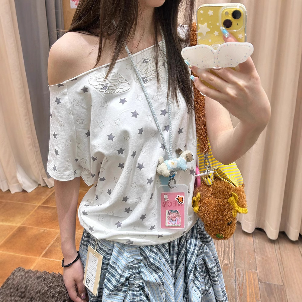 NECY 原创星星满印一字肩短袖 翅膀刺绣设计夏季碎花t恤甜辣上衣