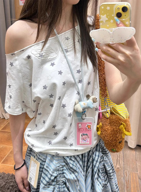 NECY 原创星星满印一字肩短袖 翅膀刺绣设计夏季碎花t恤甜辣上衣