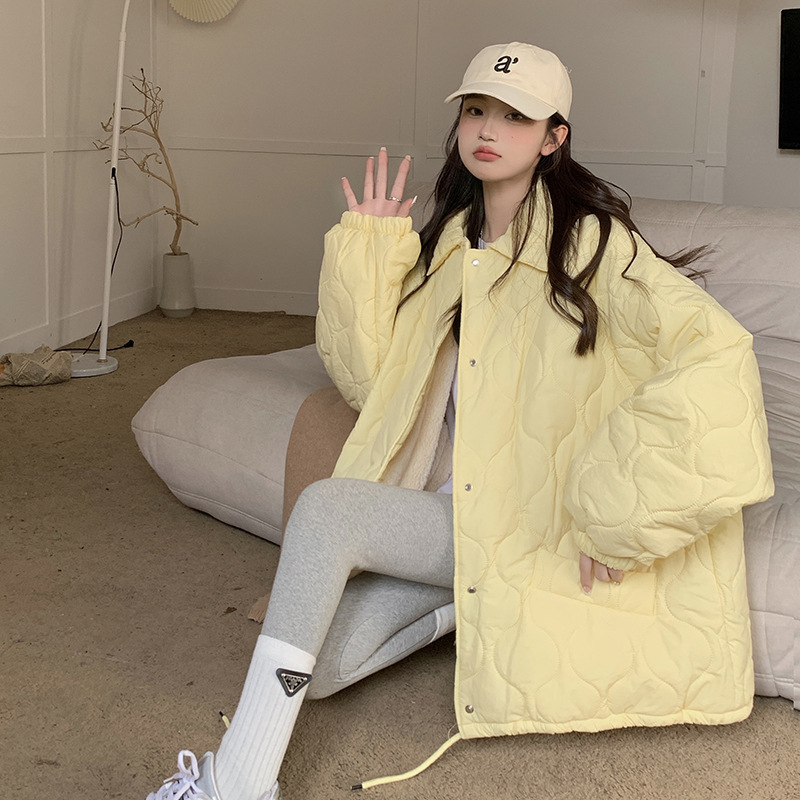 菱格翻领内胆羊羔毛棉服外套女秋冬面包服保暖棉衣宽松休闲上衣