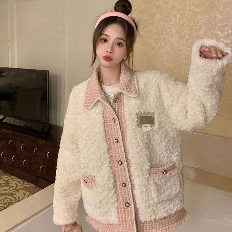 羊羔毛绒外套女装冬季2025新款拼接设计感宽松长袖加绒棉衣外套