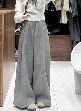 灰色加厚裤子女秋冬宽松bf慵懒风拖地休闲西装裤高腰直筒阔腿长裤