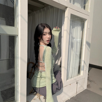 LOVEHEYNEW绿色露背纯欲性感两件套女春夏辣妹显瘦修身内搭上衣女