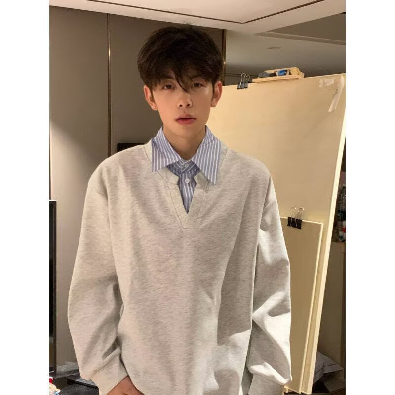 灰色假两件美式复古POLO衫男款春秋小众拼接条纹内搭翻领长袖T恤