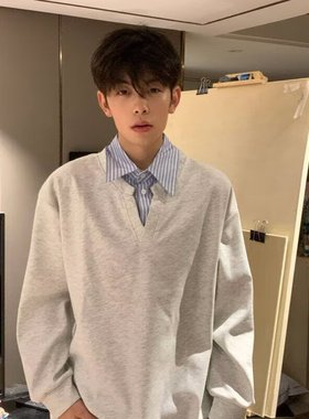 灰色假两件美式复古POLO衫男款春秋小众拼接条纹内搭翻领长袖T恤