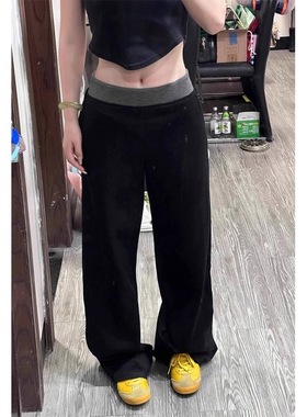 黑色拼接休闲春秋新款韩版运动裤女高腰直筒卫裤直筒阔腿拖地