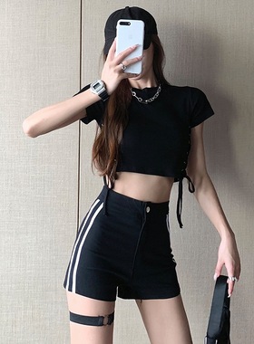 街头风短裤女夏黑色高腰显瘦条纹紧身包臀跳舞热裤短袖上衣套装潮