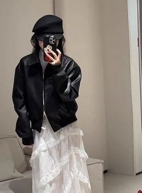 早秋新款黑色皮衣百搭春秋新款多巴胺复古休闲翻领女款高街潮流
