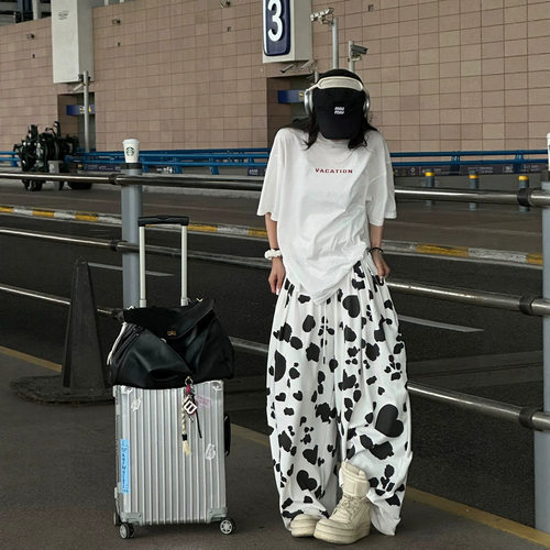 韩H甜WARDEN EDG心动印记 牛奶纹印花休闲裤女夏宽松阔腿裤长裤