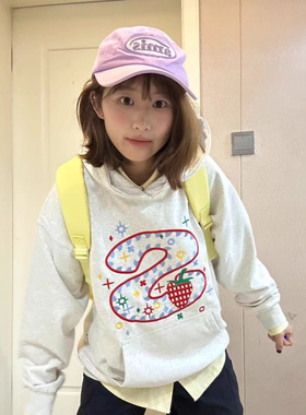 彩色字母印花灰色连帽卫衣女秋冬加绒加厚宽松百搭潮牌慵懒风