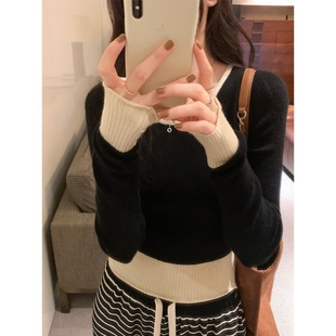 高级感内搭毛衣长袖 5937 女早秋新款 撞色打底衫 针织上衣 别致修身