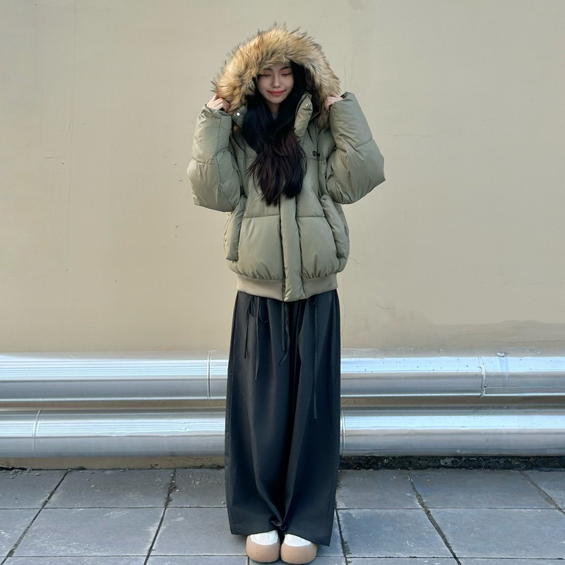 韩版加厚大毛领连帽羽绒棉服女冬季新款小个子宽松短款面包服