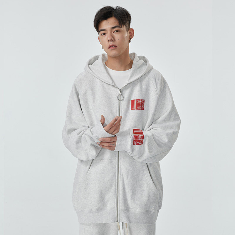 UFZ「九叠篆国潮官印」春秋重磅男女情侣装开衫连帽卫衣外套潮牌